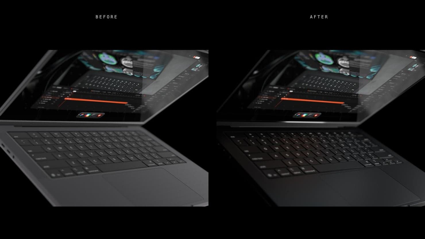 Before and after: a MacBook with the new studio lighting and shadows.