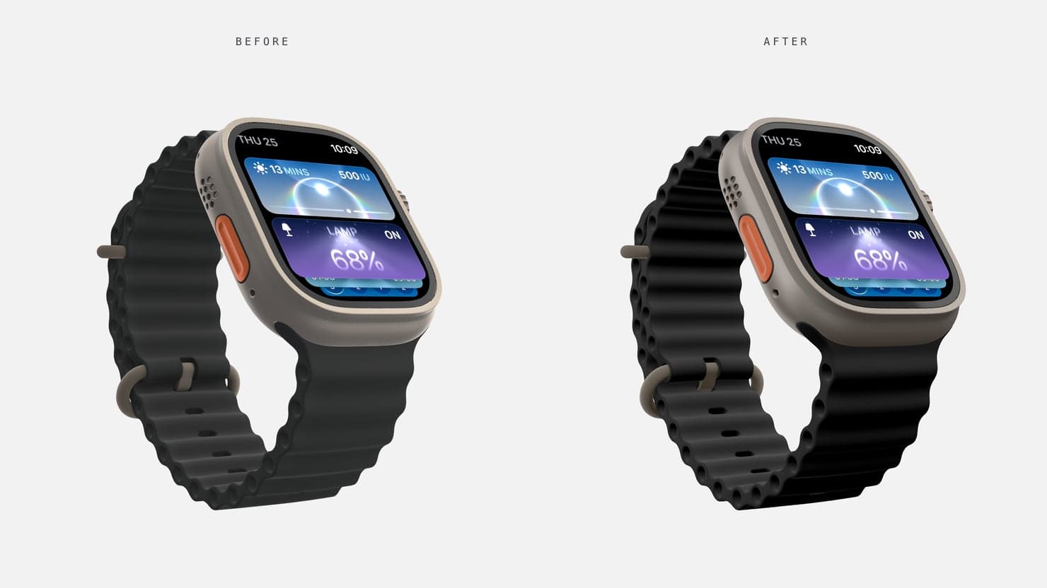 Before and after: an Apple Watch Ultra with the new studio lighting and shadows.