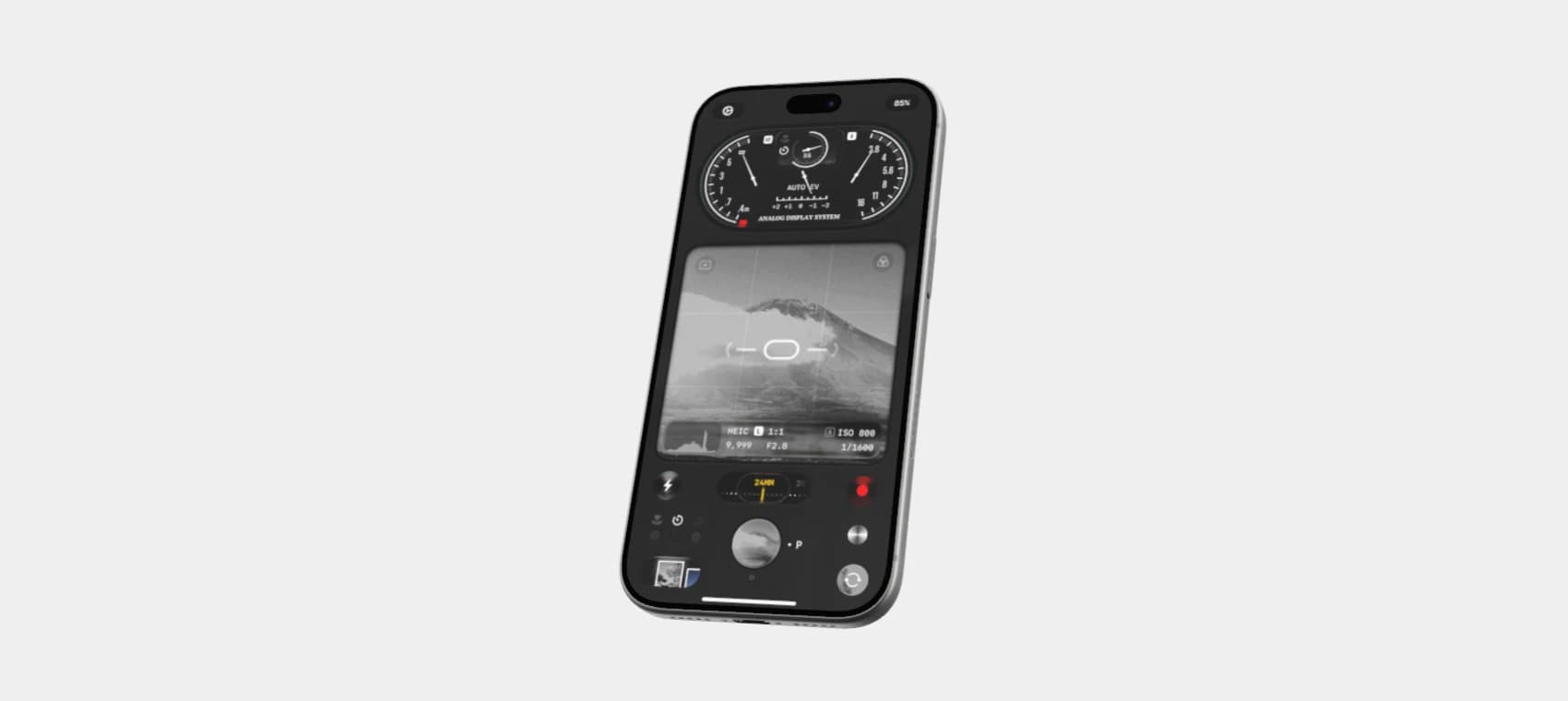 A silver iPhone showing an app screen on a plain background