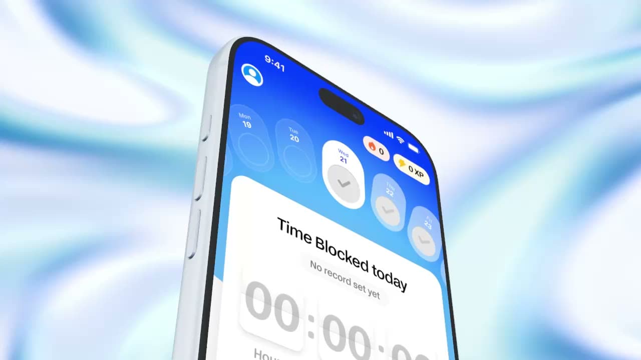 An iPhone turning in the viewport over a pale blue animated background that flows behind it.