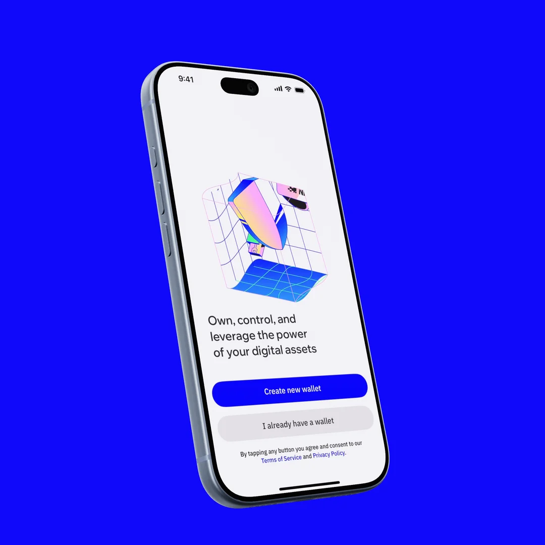 The same wallet app screen on an angled silver iPhone against a blue background