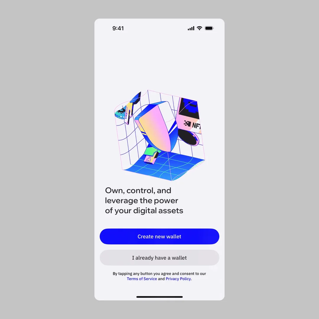 Wallet app onboarding screen presented flat on a grey background
